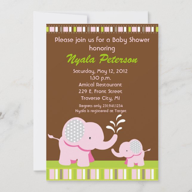 Elefant Baby Shower Einladungen - Pink Girl (Vorderseite)