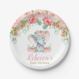 Elefant Baby Shower Pink Blush Florale Dessert 7" Pappteller