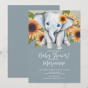 Elefant Baby Shower Sonnenblume Glitter Staubblau Einladung