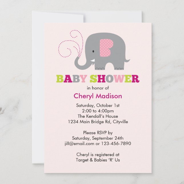 Elefant-Babyparty - Rosa Einladung (Vorderseite)