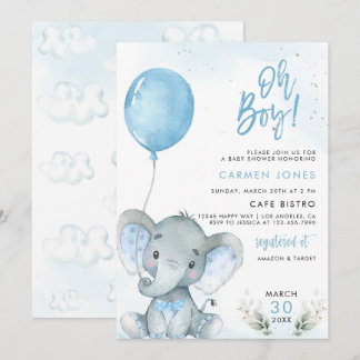Elefant Babyshower-Einladung mit blauem Ballon Einladung