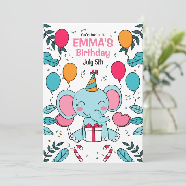Elefant Birthday Einladung, Jungtiere Einladung (Stehend Vorderseite)