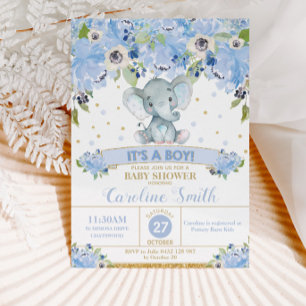 Elefant Blau Florale Babyparty Baby Junge Einladung