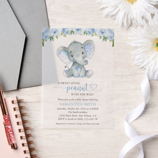 Elefant, blaue Aquarell-Blume, Babydusche (Hochzeit)