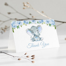 Elefant, blaue Aquarell-Blume, Babydusche Dankeskarte