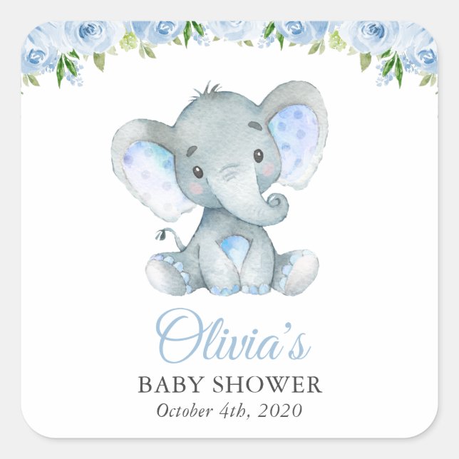 Elefant, blaue Aquarell-Blume, Babydusche Quadratischer Aufkleber (Vorderseite)