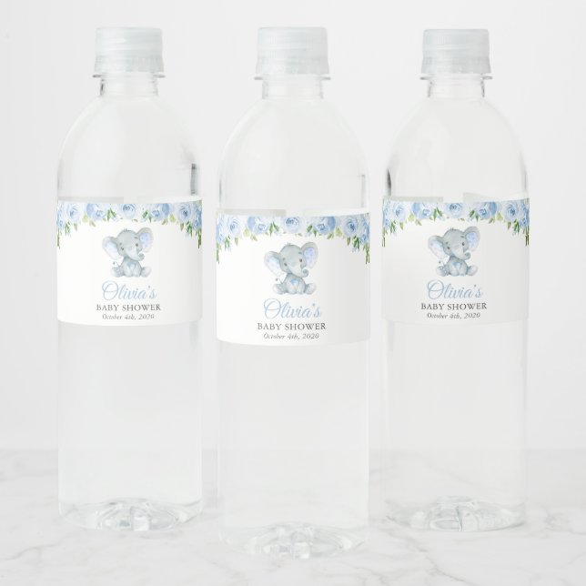 Elefant, blaue Aquarell-Blume, Babydusche Wasserflaschenetikett (Flaschen)