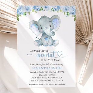 Elefant, Blaue Aquarellblumen, Babyparty Einladung