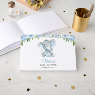 Elefant, Blaue Aquarellblumen, Babyparty Gästebuch