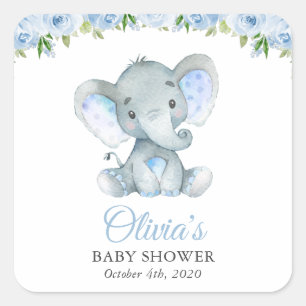 Elefant, Blaue Aquarellblumen, Babyparty Quadratischer Aufkleber
