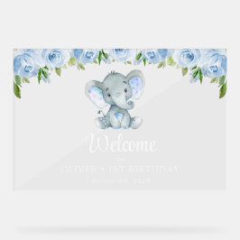 Elefant, blaue Blumen, Empfang zum ersten Geburtst Acrylschild