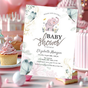 Elefant Blaue Schmetterlinge Rosa Babyparty Einladung