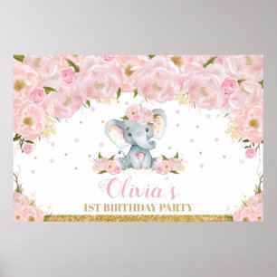 Elefant Blumen 1. Geburtstagsfeier Hintergrund Ban Poster