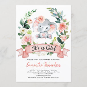 Elefant Blush Pink Floral Rustikal Es ist ein Mädc Einladung