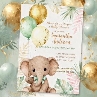 Elefant Braune Salbeigrüne Ballons Baby Shower Folieneinladung