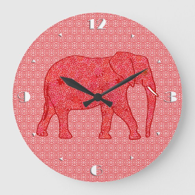 Elefant der Blume - tiefrot und Korallen Große Wanduhr (Vorderseite)