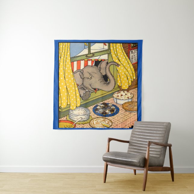 Elefant, der durch das Fenster den Kopf stößt Wandteppich (Beispiel)
