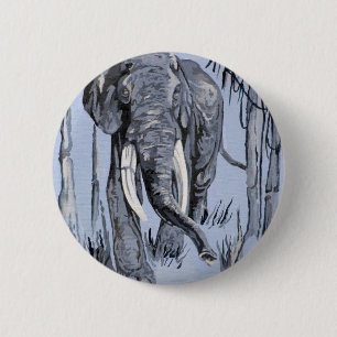 Elefant, der durch die waldreiche Savanne in Blau  Button