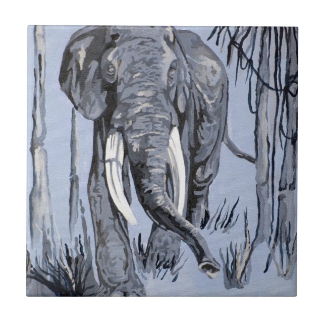 Elefant, der durch die waldreiche Savanne in Blau  Fliese (Vorderseite)
