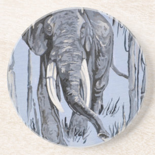 Elefant, der durch die waldreiche Savanne in Blau Getränkeuntersetzer