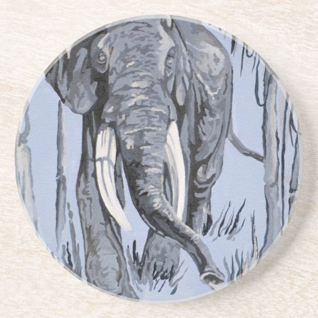 Elefant, der durch die waldreiche Savanne in Blau  Getränkeuntersetzer (Vorne)