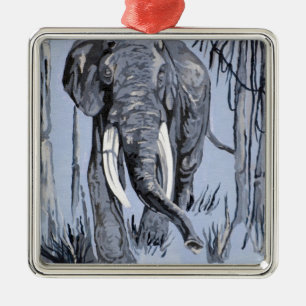 Elefant, der durch die waldreiche Savanne in Blau  Silbernes Ornament