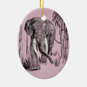 Elefant, der durch die waldreiche Savanne in Rosa Keramikornament