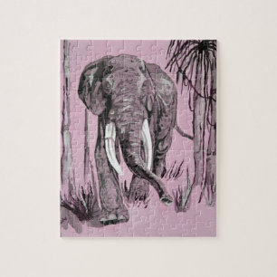 Elefant, der durch die waldreiche Savanne in Rosa Puzzle