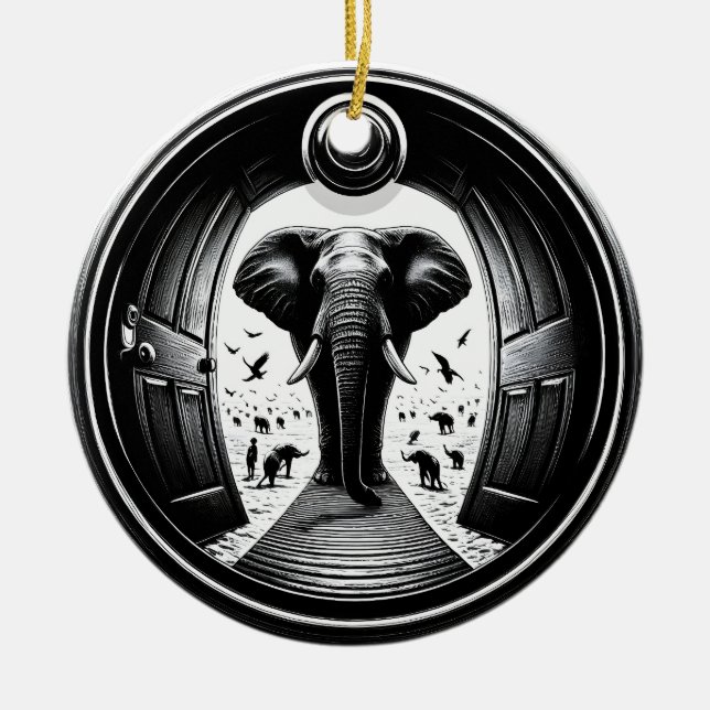 Elefant durch die Tür des Peephole | Fisheye Keramik Ornament (Vorne)