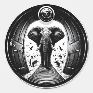 Elefant durch die Tür des Peephole Fisheye Runder Aufkleber