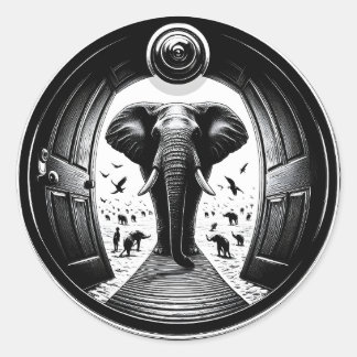 Elefant durch die Tür des Peephole | Fisheye Runder Aufkleber