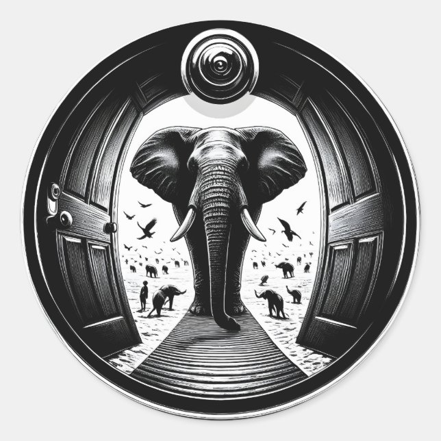 Elefant durch die Tür des Peephole | Fisheye Runder Aufkleber (Vorderseite)
