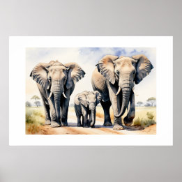 Elefant Familie Aquarell Wildtier Kunst Poster