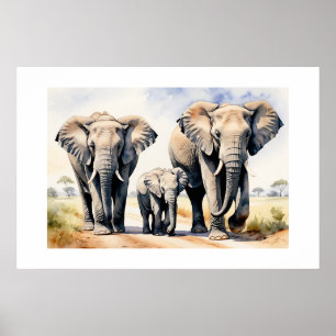 Elefant Familie Aquarell Wildtier Kunst Poster