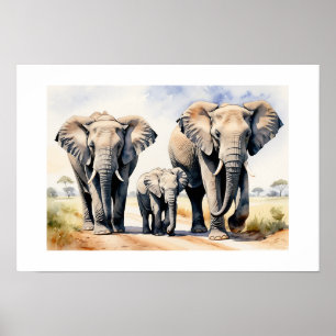 Elefant Familie Aquarell Wildtier Kunst Poster