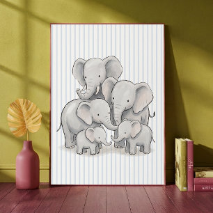 Elefant Familie Blaue Streifen Kinderzimmer Poster