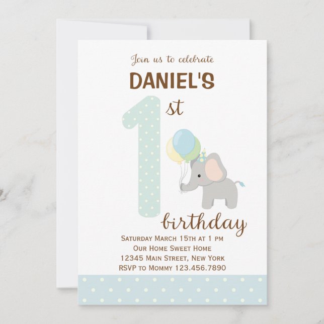 Elefant First Birthday Invitation (blau) Einladung (Vorderseite)