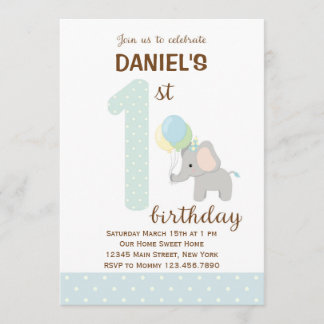 Elefant First Birthday Invitation (blau) Einladung