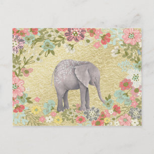 Elefant floraler Rahmen Gold Foil Postkarte