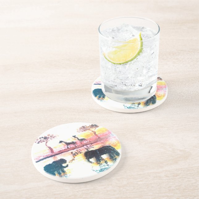 Elefant, Giraffen-Safari-Sonnenuntergang-Kunst Getränkeuntersetzer (Seite)