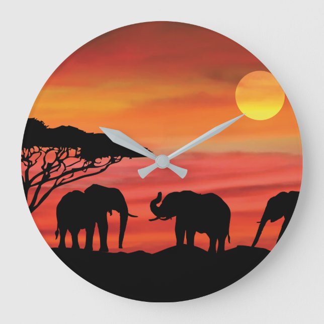 Elefant im Serengeti Sunset Große Wanduhr (Vorderseite)