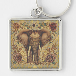 Elefant im Vintage-Stil, Blumenmuster auf antikem  Schlüsselanhänger
