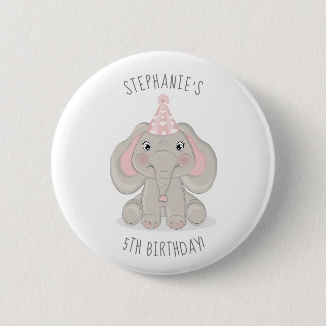 Elefant in Geburtstagshut Button (Vorderseite)