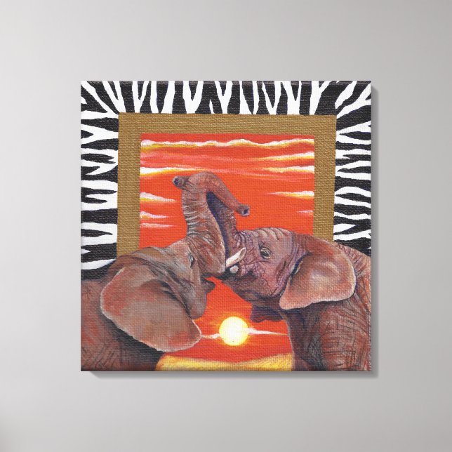 Elefant in Liebe Sunset und Zebra-Druck Leinwanddruck (Vorderseite)