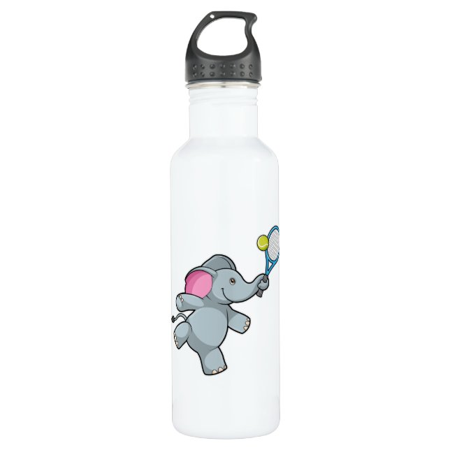Elefant in Tennis mit Tennisschläger Edelstahlflasche (Vorderseite)