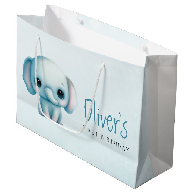 Elefant Junge 1. Geburtstag Große Geschenktüte (Vorderseite Schrägansicht)