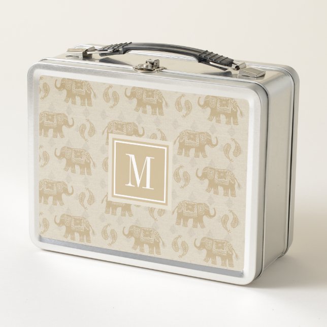 Elefant-kakifarbiges Wohnwagen-Muster des Metall Lunch Box (Vorderseite)