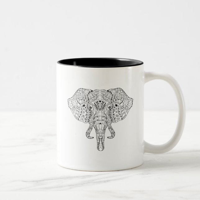 Elefant-Kopf-Gekritzel-Skizze Zweifarbige Tasse (Rechts)