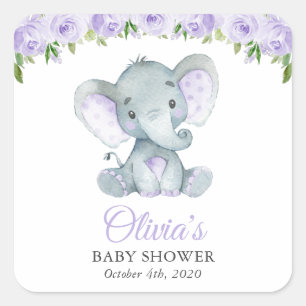 Elefant, lila Aquarellblumen, Babyparty Quadratischer Aufkleber