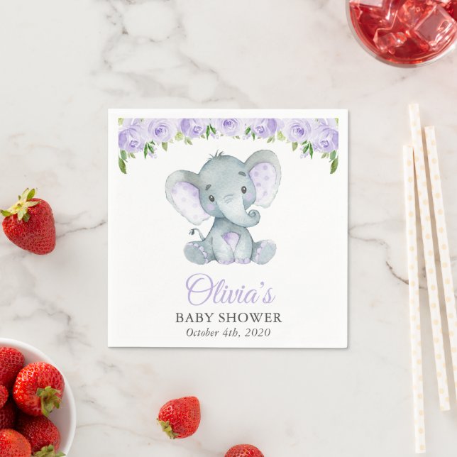 Elefant, Lila Aquarellfarben-Blume, Babydusche Serviette (Beispiel)